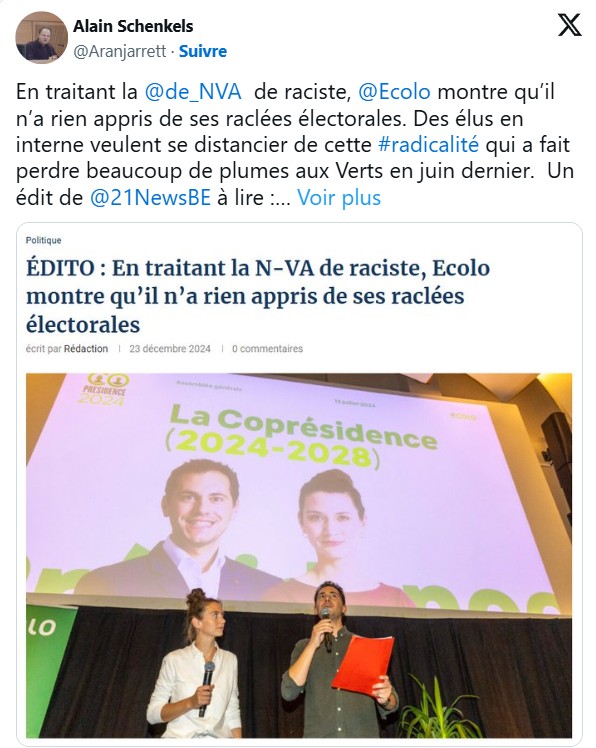 En traitant la nva de raciste, ecolo montre qu’il n’a rien appris de ses raclées électorale.
