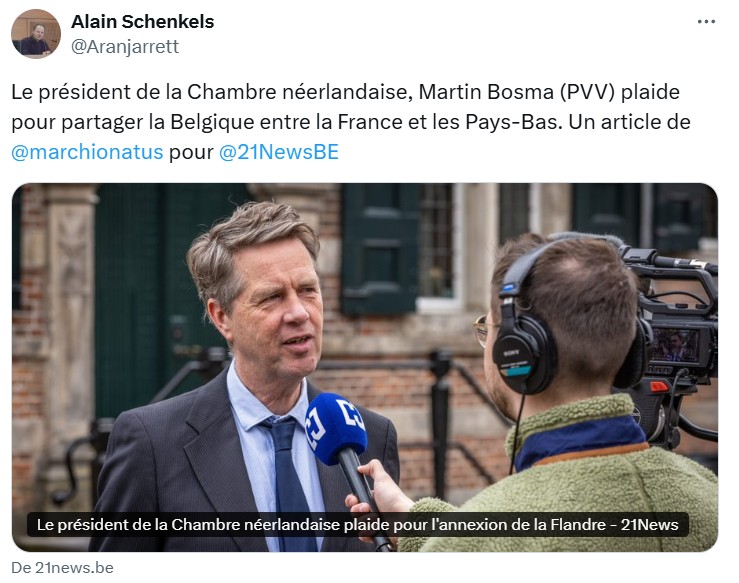 Le président de la chambre néerlandaise plaide pour l’annexion de la flandre