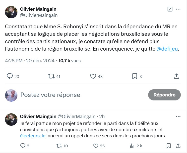 Olivier maingain annonce sur x quitter défi pour créer un nouveau parti