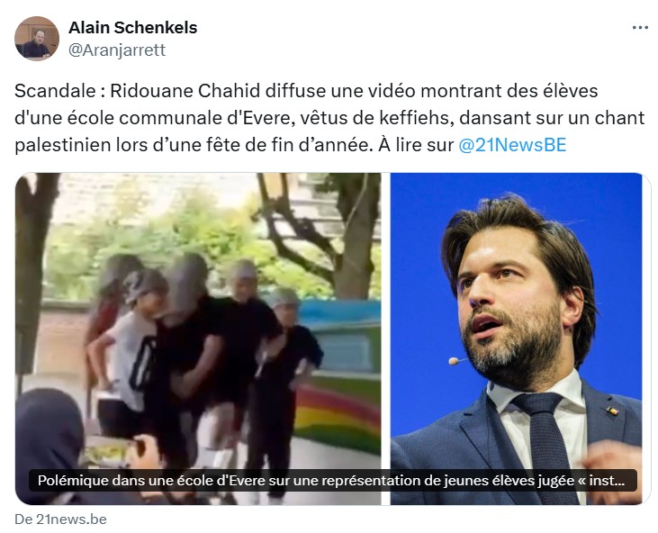 Ridouane chahid diffuse une vidéo montrant des élèves d'une école communale d'evere, vêtus de keffiehs, dansant sur un chant palestinien