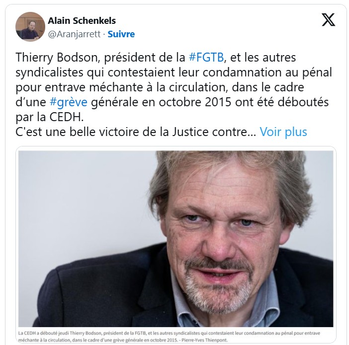 Thierry bodson, président de la fgtb débouté par la cedh