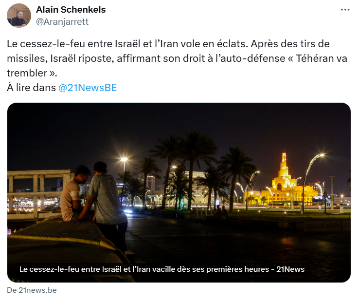 Cessez-le-feu-Israel-Iran-21news Israël promet une réponse ferme à la violation du cessez-le-feu par l’Iran, déclare Katz, le ministre de la Défense (Alain Schenkels)