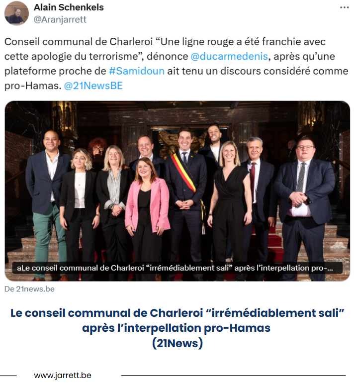 Conseil communal charleroi ligne rouge apologie terroriste ducarme samidoun