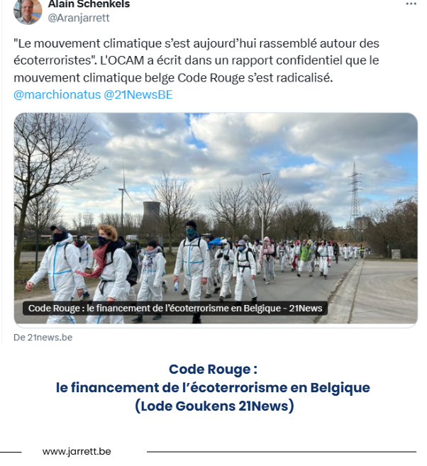 Code rouge financement ecoterrorisme en belgique